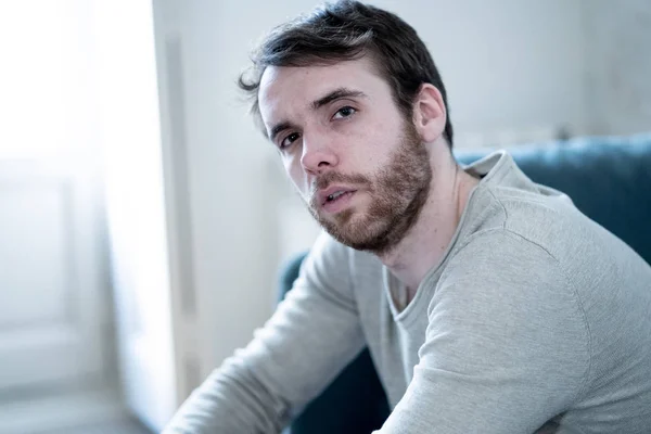 Unhappy Depressed Caucasian Male Sitting Lying Living Room Couch Feeling — Stock Photo, Image