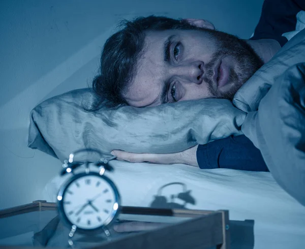 Sleepless Desperate Young Caucasian Man Awake Night Able Sleep Feeling — Stock Photo, Image
