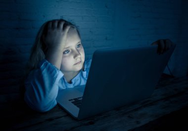 Korkmuş üzgün kız laptop taciz siber zorbalık işkence online zorbalık. Okul kız sınıf arkadaşları tarafından İnternet üzerinde aşağılanmış umutsuz ve korkutmak duygu. Zorbalık çocuk kurbanı.