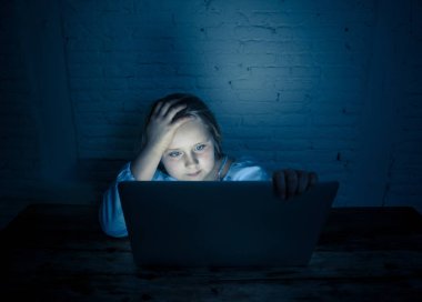 Korkmuş üzgün kız laptop taciz siber zorbalık işkence online zorbalık. Okul kız sınıf arkadaşları tarafından İnternet üzerinde aşağılanmış umutsuz ve korkutmak duygu. Zorbalık çocuk kurbanı.