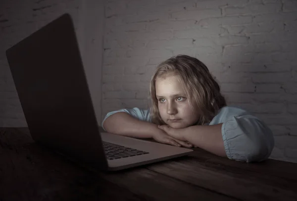 Scared Sad Girl Bullied Online Laptop Suffering Cyber Bullying Harassment — Stock Photo, Image