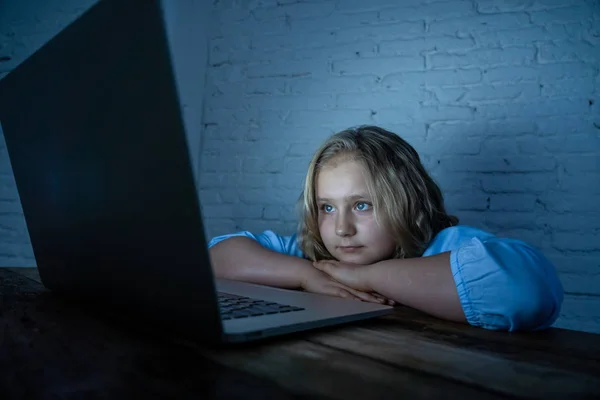 Scared sad girl bullied on line with laptop suffering cyber bullying harassment feeling desperate and intimidated. Child victim of bullying stalker social media network and the dangers of internet.