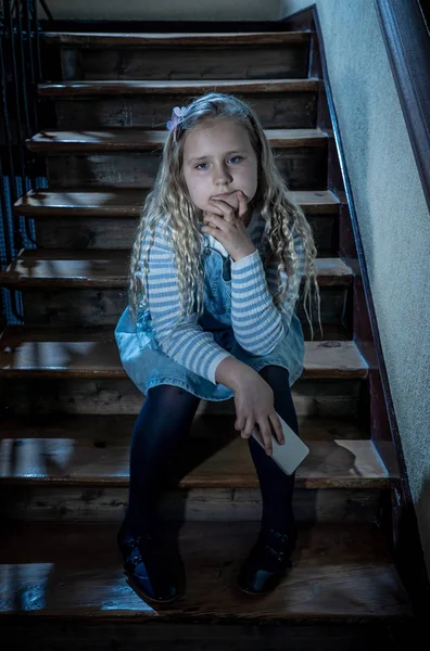 Sad Depressed Young Girl Victim Cyberbullying Mobile Smart Phone Sitting — Stock Photo, Image