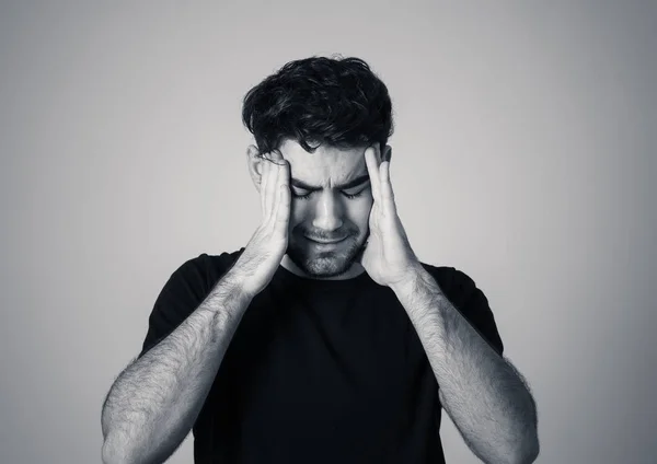 Close Portrait Young Man Suffering Migraines Looking Worried Thoughtful Great — Stock Photo, Image