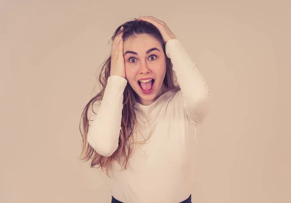 Retrato Bela Menina Adolescente Chocado Ganhar Ter Grande Sucesso Com — Fotografia de Stock