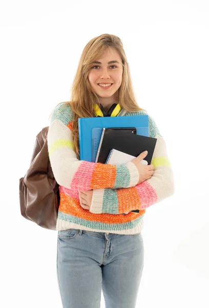 Retrato Menina Adolescente Bonita Com Mochila Pasta Notepad Sorrindo Contra — Fotografia de Stock