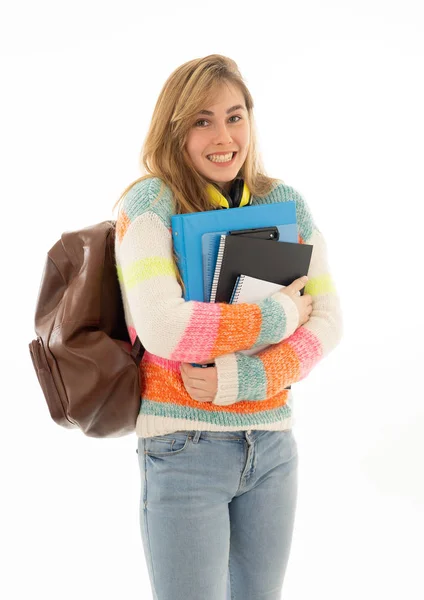 Portrait Beautiful Teenager Girl Backpack Notepad Folder Smiling White Background — Stock Photo, Image