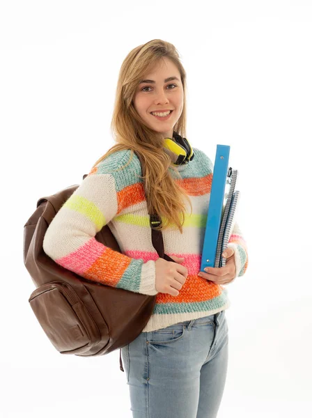 Portrait Beautiful Teenager Girl Backpack Notepad Folder Smiling White Background — Stock Photo, Image