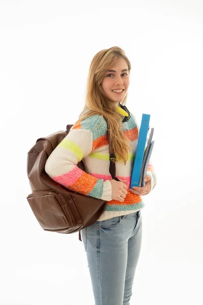 Porträt Eines Schönen Teenie Mädchens Mit Rucksack Und Notizblock Vor — Stockfoto