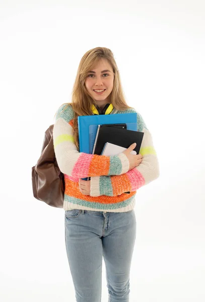 Porträt Eines Schönen Teenie Mädchens Mit Rucksack Und Notizblock Vor — Stockfoto