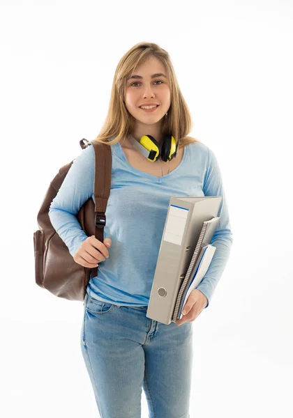 Menina Adolescente Bonita Jovem Estudante Universitária Com Mochila Pasta Sorrindo — Fotografia de Stock