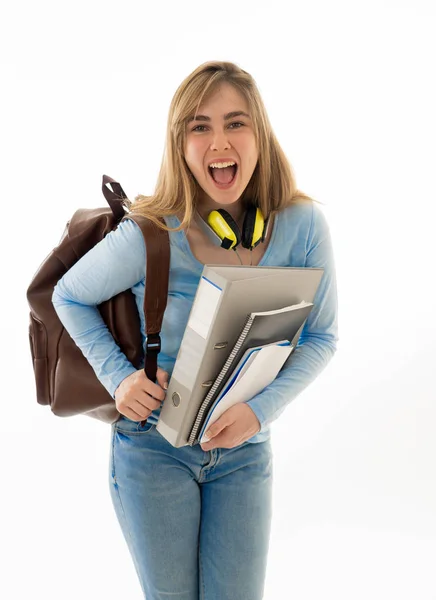 Menina Adolescente Bonita Jovem Estudante Universitária Com Mochila Pasta Sorrindo — Fotografia de Stock