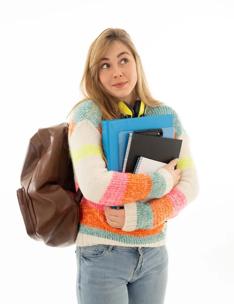 Retrato Menina Adolescente Feliz Jovem Estudante Universitária Pensando Maneiras Criativas — Fotografia de Stock