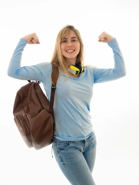 Портрет Красивой Студентки Подростка Демонстрирующей Мускулистые Руки Изображающие Радостное Веселое — стоковое фото