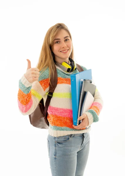 Portrait Attractive Blonde Student Teenager Girl Making Thumbs Gesture Feeling — Stock Photo, Image