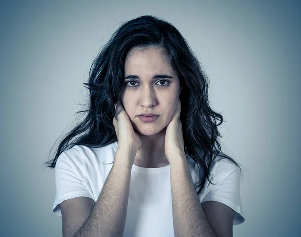 Portrait Young Sad Latin Woman Suffering Depression Looking Thoughtful Feeling — Stock Photo, Image