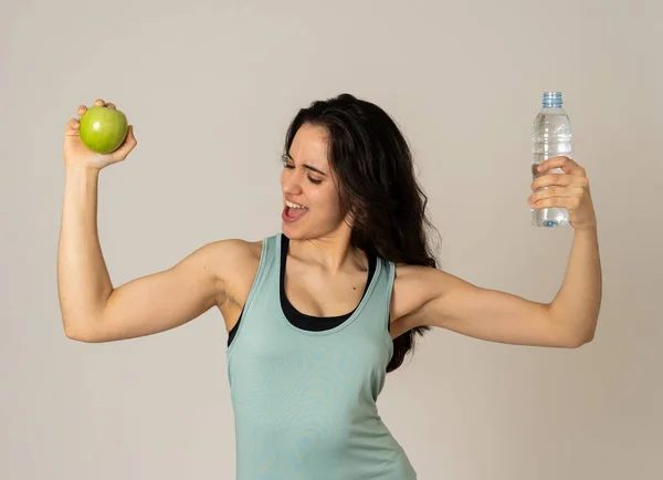 Glücklich Lächelnde Fitness Frau Mit Einer Apfel Und Wasserflasche Der — Stockfoto