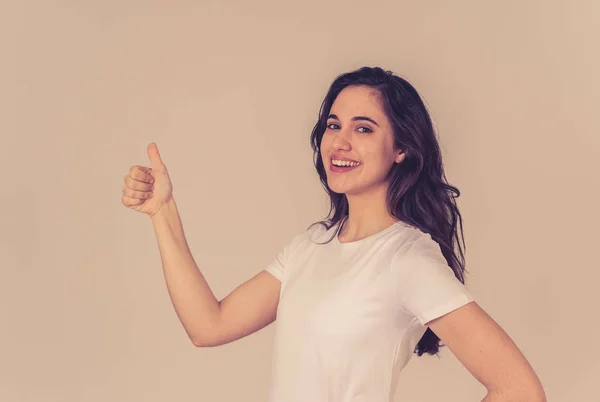 Portrait Happy Young Latin Woman Showing Empty Copy Space Open — Stock Photo, Image