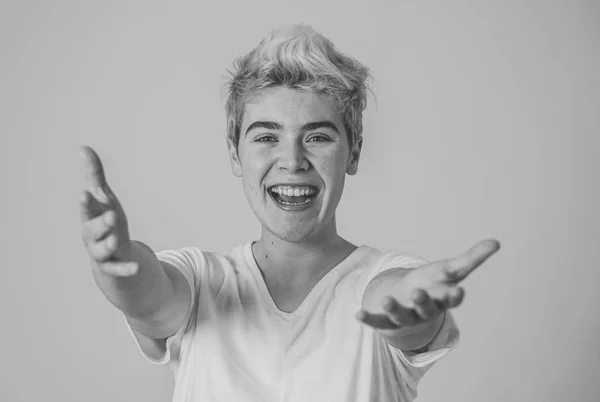 Portrait Good Looking Young Teenager Man Welcoming Open Arms Happy — Stock Photo, Image