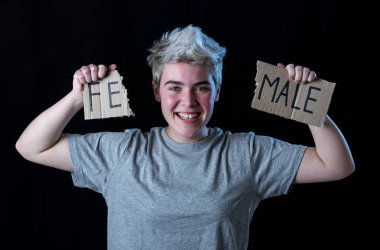 Yakışıklı transeksüel genç cinsiyet kimliği, eşitlik ve insan hakları kelime Kadın erkek içine gözyaşı. Kendi cinsiyet kimliği transgender Pride ve özgürlük kavramı hakkında Breaking sessizlik.