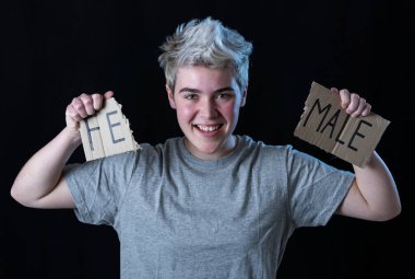 Yakışıklı transeksüel genç cinsiyet kimliği, eşitlik ve insan hakları kelime Kadın erkek içine gözyaşı. Kendi cinsiyet kimliği transgender Pride ve özgürlük kavramı hakkında Breaking sessizlik.