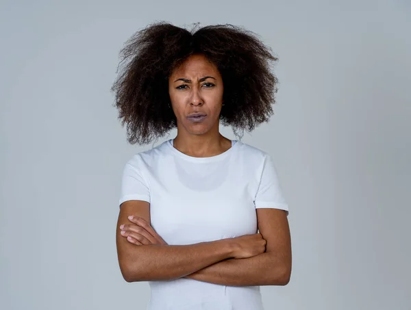 Retrato Atractiva Mujer Afroamericana Frustrada Con Cara Enojada Estresada Pareces —  Fotos de Stock