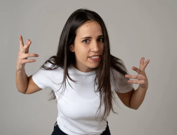 Close Young Attractive Frustrated Latin Woman Stress Furious Face Looking — Stock Photo, Image