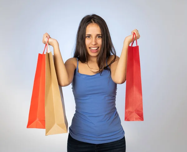 Mujer Joven Latina Feliz Sosteniendo Bolsas Colores Felices Alegres Después —  Fotos de Stock