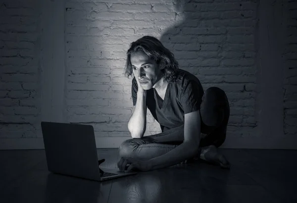 Severely Distraught Young Teen Man Laptop Suffering Cyberbullying Harassment Being — Stock Photo, Image