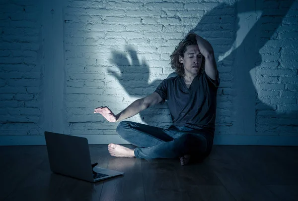 Severely Distraught Young Teen Man Laptop Suffering Cyberbullying Harassment Being — Stock Photo, Image