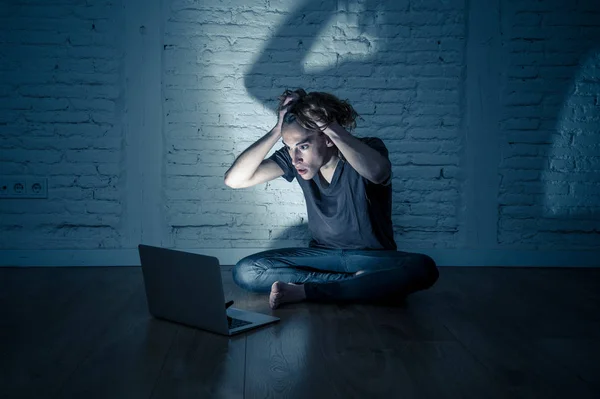 Severely Distraught Young Teen Man Laptop Suffering Cyberbullying Harassment Being — Stock Photo, Image