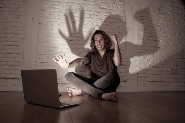 Severely Distraught Young Teen Man Laptop Suffering Cyberbullying Harassment Being — Stock Photo, Image