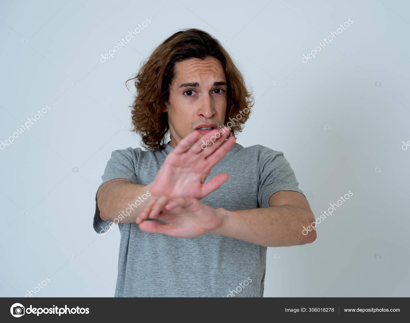 Young Man Feeling Frightened Shocked Making Scared Gestures Fear