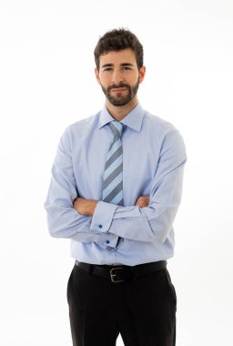 İş, başarılı insanlar ve ofis konsepti. Mutlu kendine güvenen hipster işadamı nın portresi gülümseyerek ve . Akıllı Girişimci veya Şirket lideri Ceo genç yaşta. Beyaz arka planda yalıtılmış.