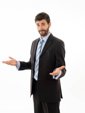 Moda modern resmi giyim takım elbise mutlu yakışıklı kafkas işadamıyarım uzunlukta portre emin ve misafirperver görünümlü. Beyaza bedilmiş. İnsan liderliği ve başarı kavramı.