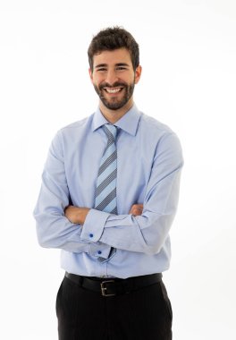 Moda modern resmi giyim takım elbise mutlu yakışıklı kafkas işadamıyarım uzunlukta portre emin ve misafirperver görünümlü. Beyaza bedilmiş. İnsan liderliği ve başarı kavramı.