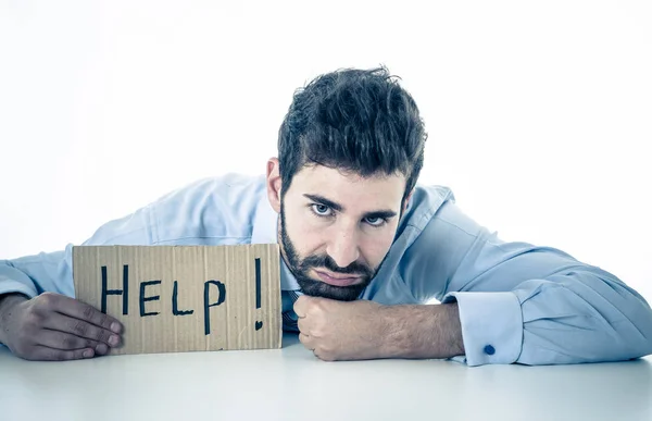 Verzweifelter Und Frustrierter Kaukasischer Jungunternehmer Mit Botschaft Der Hilfe Bittet — Stockfoto