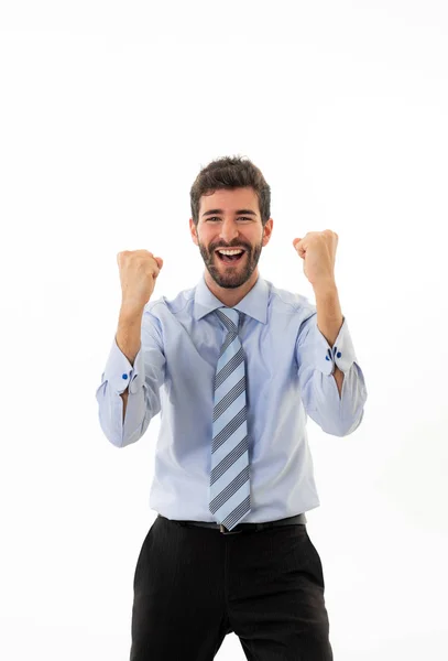 Retrato Del Hombre Negocios Hipster Celebrando Éxito Con Puño Alto — Foto de Stock