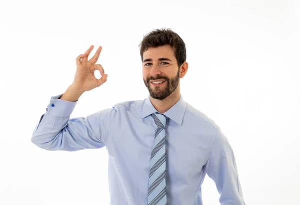 Retrato Medio Cuerpo Del Joven Empresario Pie Haciendo Todo Gesto — Foto de Stock