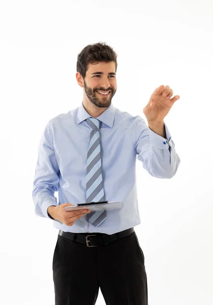 Young Attractive Businessman Pointing Copy Space Using Virtual Screen Smiling — Stock Photo, Image