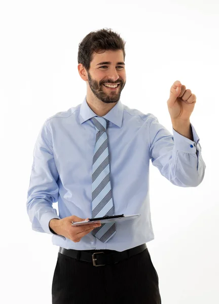 Joven Empresario Atractivo Apuntando Espacio Copia Como Uso Una Pantalla — Foto de Stock