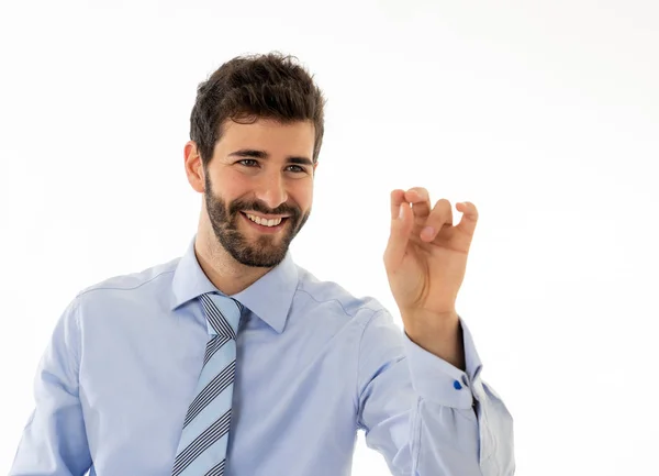 Joven Empresario Atractivo Apuntando Espacio Copia Como Uso Una Pantalla — Foto de Stock