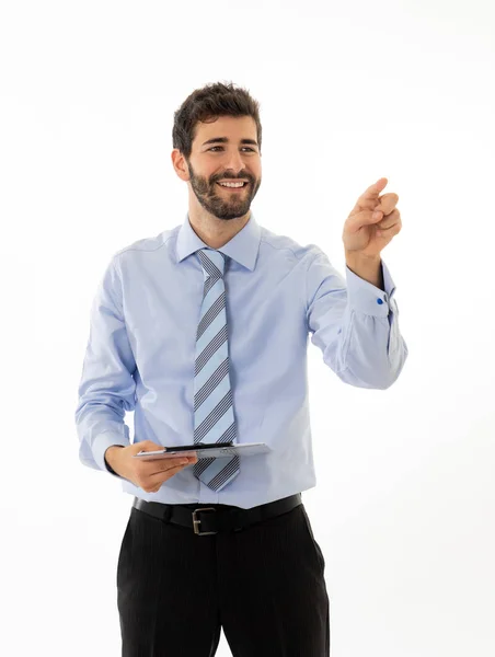 Young Attractive Businessman Pointing Copy Space Using Virtual Screen Smiling Royalty Free Stock Photos