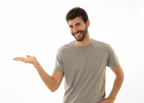 Hombre Joven Buen Aspecto Apuntando Con Dedo Espacio Copia Buscando — Foto de Stock