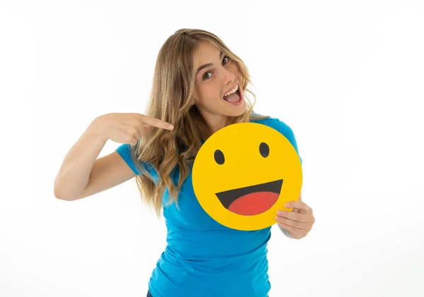 Attraktive Junge Frau Mit Glücklichem Gesicht Emoticon Symbol Aufgeregt Den — Stockfoto