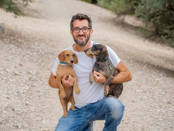 Χαρούμενος Ιδιοκτήτης Άντρας Δύο Γέρικα Γλυκά Dachshund Dogs Που Διασκεδάζουν — Φωτογραφία Αρχείου