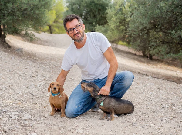 Happy owner man with two old sweet Dachshund Dogs having fun in the park. In animal lovers, companionship and dog adoption.