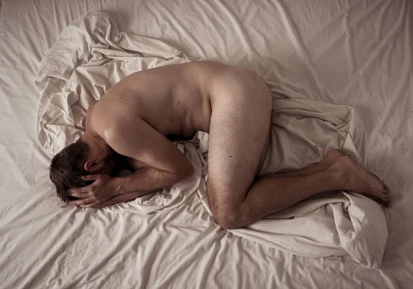 Young Desperate Naked Man Lying Bed Crying Alone Feeling Devastated — 스톡 사진