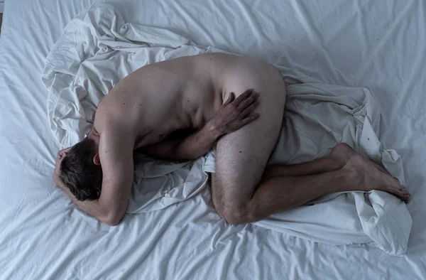 Young Desperate Naked Man Lying Bed Crying Alone Feeling Devastated — 스톡 사진