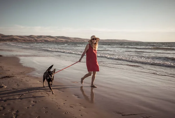 Hermosa Mujer Madura Jubilada Perro Mascota Paseando Juntos Playa Remota — Foto de Stock